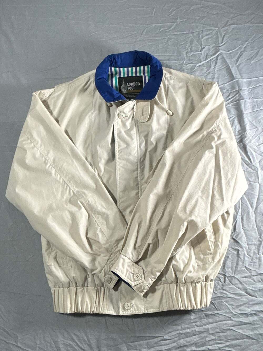 Vintage London Fog Tan Bomber Windbreaker Jacket with Blue Collar and Striped Li